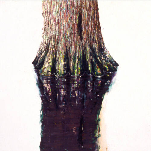 Painting of a tree stump with its own reflection against a white background.